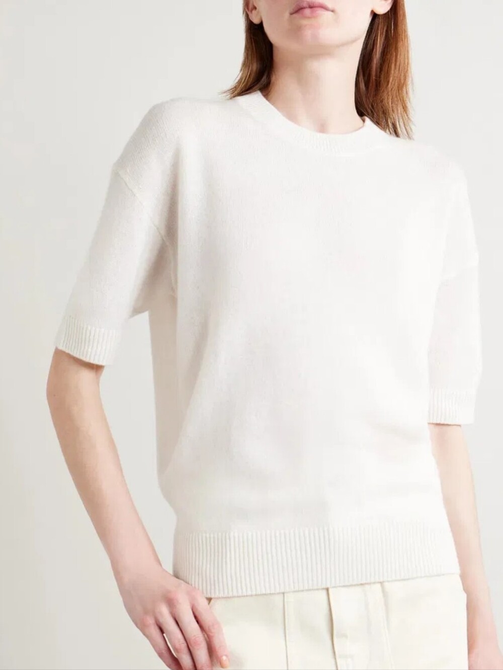 Theory Cashmere Crewneck Shirtsleeve Sweater- Offwhite